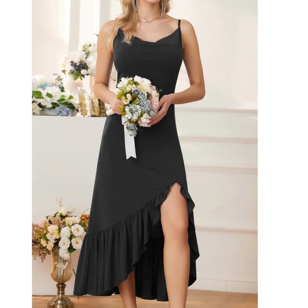 GRACE KARIN Cowl Neck Irregular Ruffled Hem Dress, Med, BLACK